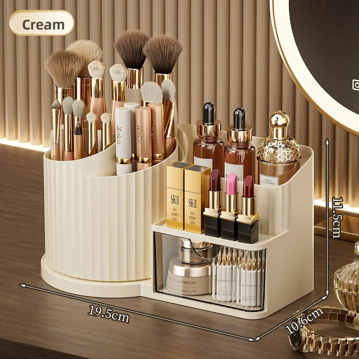 Rotatable Makeup Organizer, Multi-Compartment Desk Storage Box, Cosmetic Brush Holder, Lipstick Tray, Office Supplies Rack, Cosmetic Storage Solution