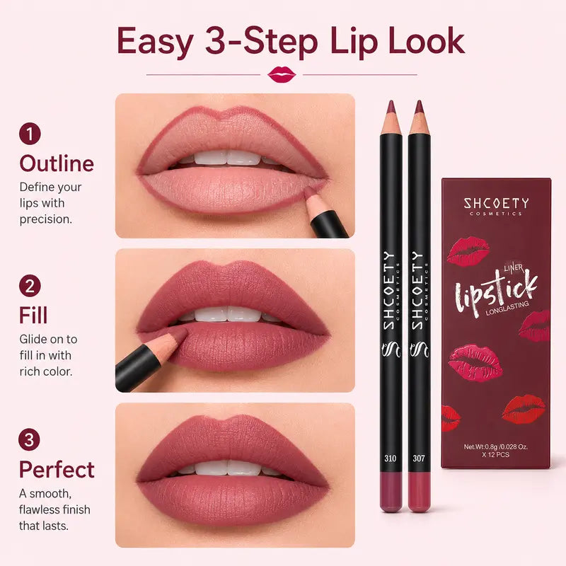 12-Color Lip Liner Set, Lip Pencil, Long-Lasting Smooth Texture, Precise Contouring, Ideal for Daily Use, Office, Parties, Makeup Essentials,Sohochic