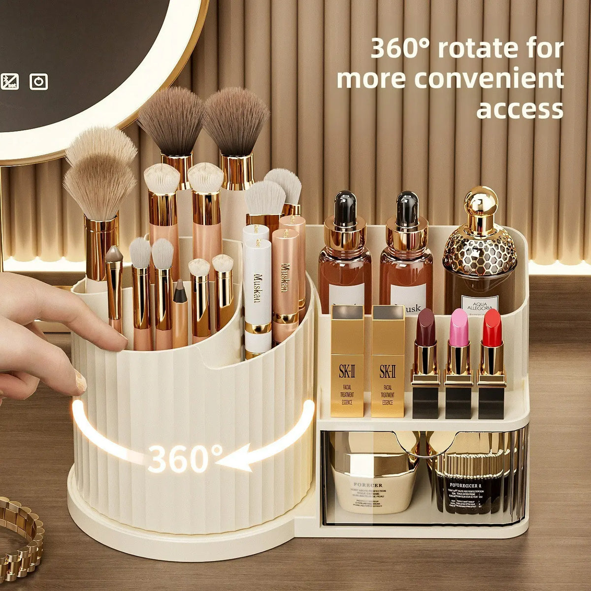 Rotatable Makeup Organizer, Multi-Compartment Desk Storage Box, Cosmetic Brush Holder, Lipstick Tray, Office Supplies Rack, Cosmetic Storage Solution
