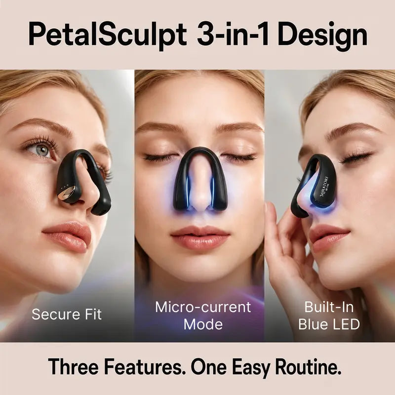 MIRATOKI Petalsculpt Blue Light Nose Shaper Clip - Abs Plastic Rechargeable Facial Beauty Device with Microcurrent, Adjust Settings, 10 Mins At-Home Lifting, Compact Form, Sculpted Look, Clearer Skin/Pores, Portable Japan Plastic Skin Care Appliance